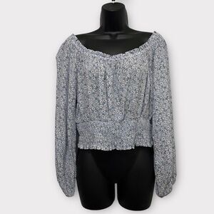 Aeropostale Blue & White Floral Long Sleeve Smocked Crop Top Size XL